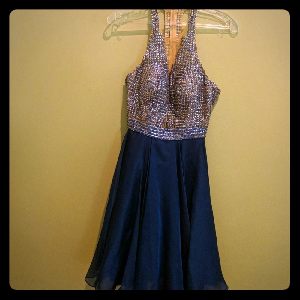 Beaded, T-back, short semi-formal dress